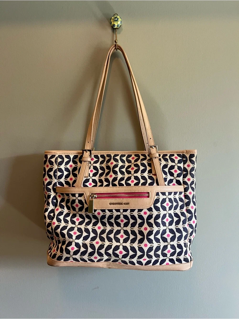 Spartina 449 Daufuskie Island Linen|Leather Pink and Navy Geometric Tote